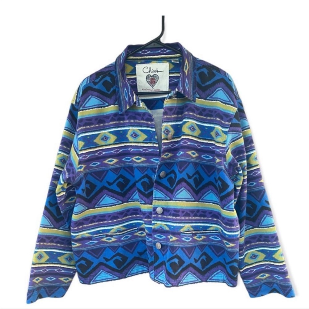 CHICOS Anniversary Multicolor Button Denim Southwestern Aztec Jacket Sz 3/XL/16
